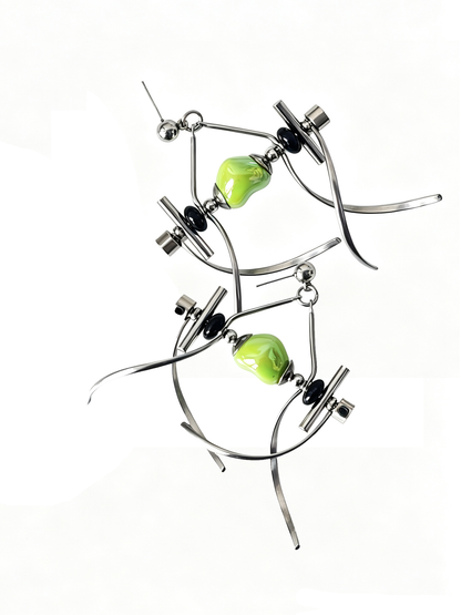Punk Handmade Stainless Steel Earring, Green Heart UV Bead Gothic Dangle Drop Earring Jewelry for Man