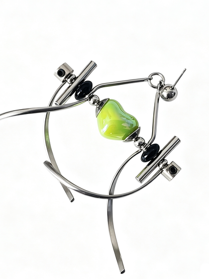 Punk Handmade Stainless Steel Earring, Green Heart UV Bead Gothic Dangle Drop Earring Jewelry for Man