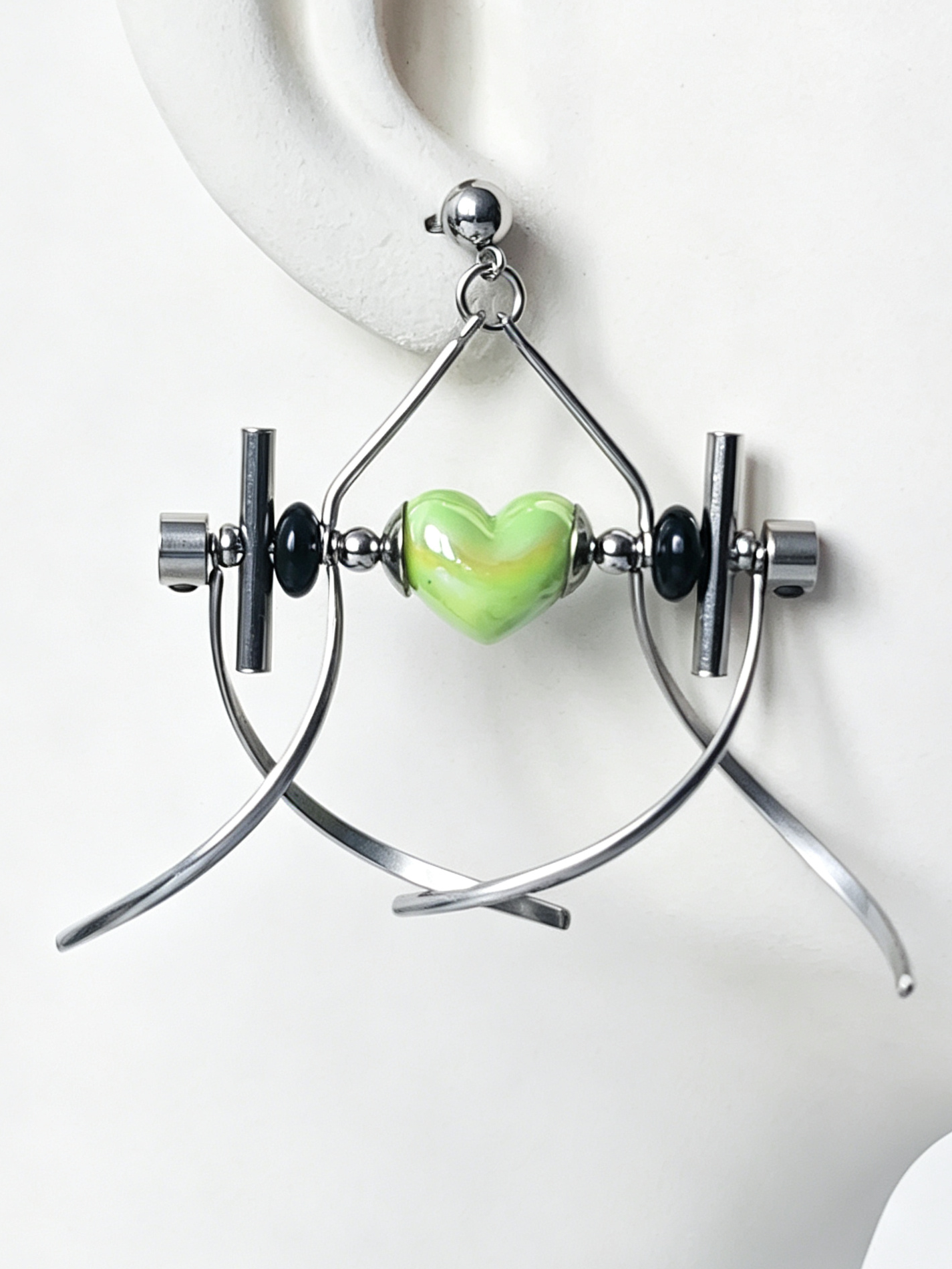 Punk Handmade Stainless Steel Earring, Green Heart UV Bead Gothic Dangle Drop Earring Jewelry