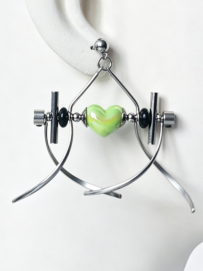Punk Handmade Stainless Steel Earring, Green Heart UV Bead Gothic Dangle Drop Earring Jewelry