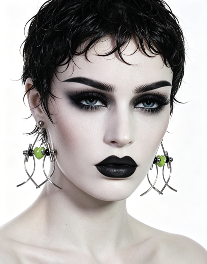 Punk Handmade Stainless Steel Earring, Green Heart UV Bead Gothic Dangle Drop Earring Jewelry
