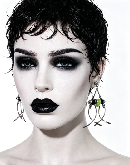 Punk Handmade Stainless Steel Earring, Green Heart UV Bead Gothic Dangle Drop Earring Jewelry