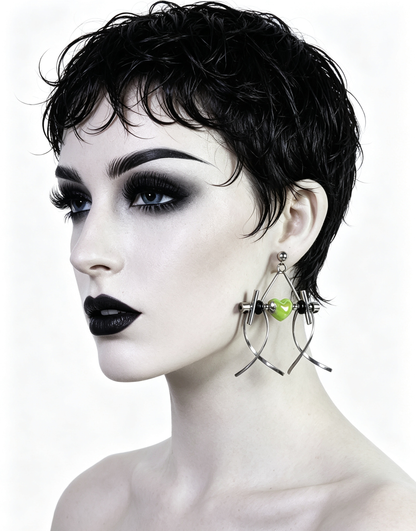 Punk Handmade Stainless Steel Earring, Green Heart UV Bead Gothic Dangle Drop Earring Jewelry