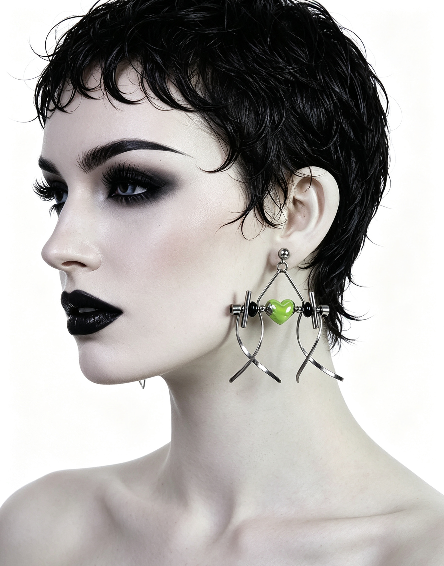 Punk Handmade Stainless Steel Earring, Green Heart UV Bead Gothic Dangle Drop Earring Jewelry