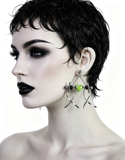 Punk Handmade Stainless Steel Earring, Green Heart UV Bead Gothic Dangle Drop Earring Jewelry