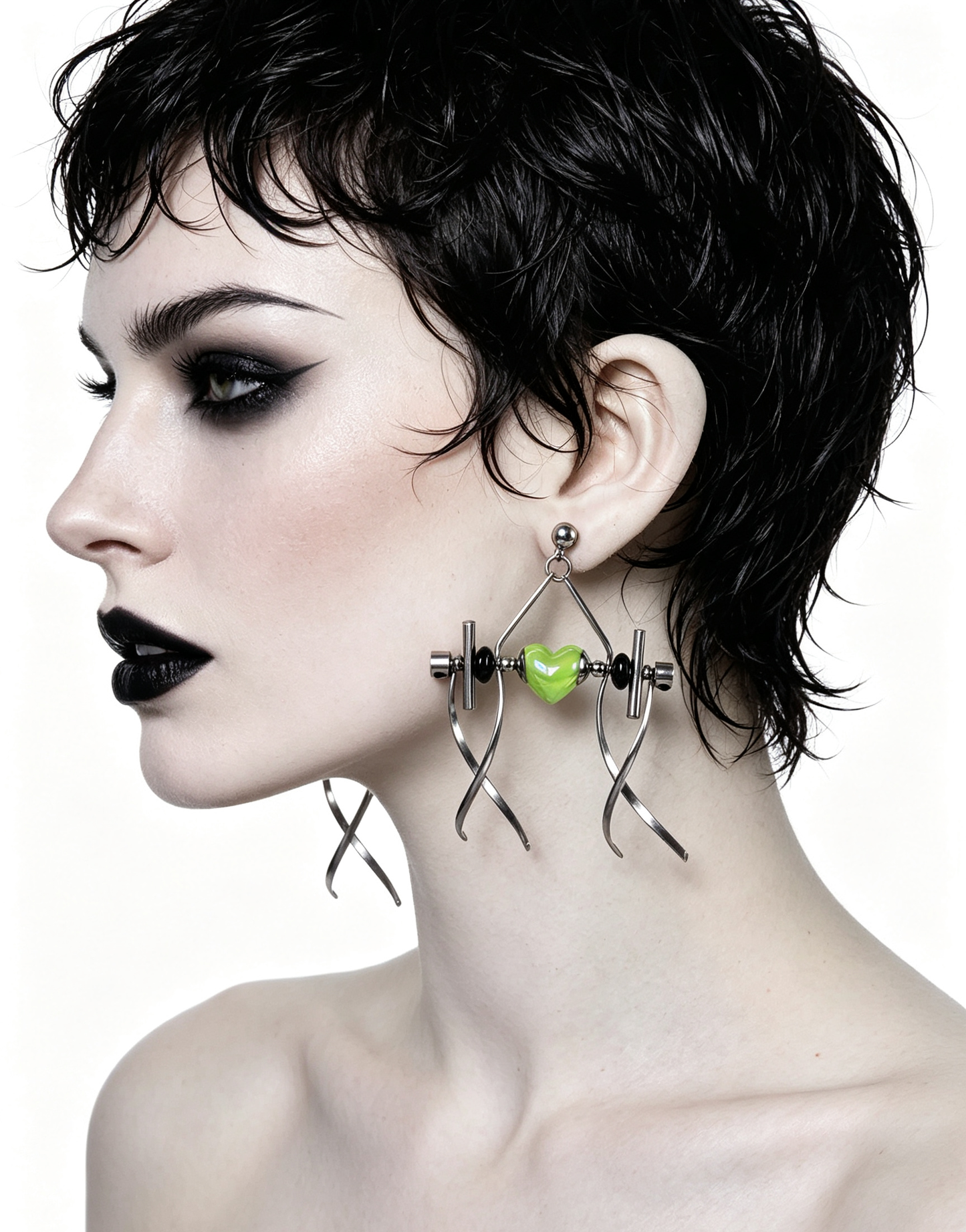 Punk Handmade Stainless Steel Earring, Green Heart UV Bead Gothic Dangle Drop Earring Jewelry