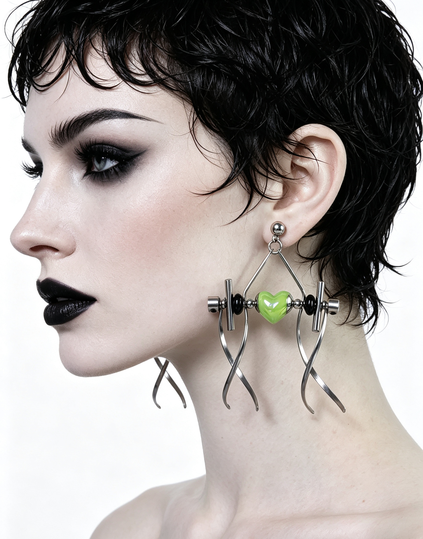 Punk Handmade Stainless Steel Earring, Green Heart UV Bead Gothic Dangle Drop Earring Jewelry
