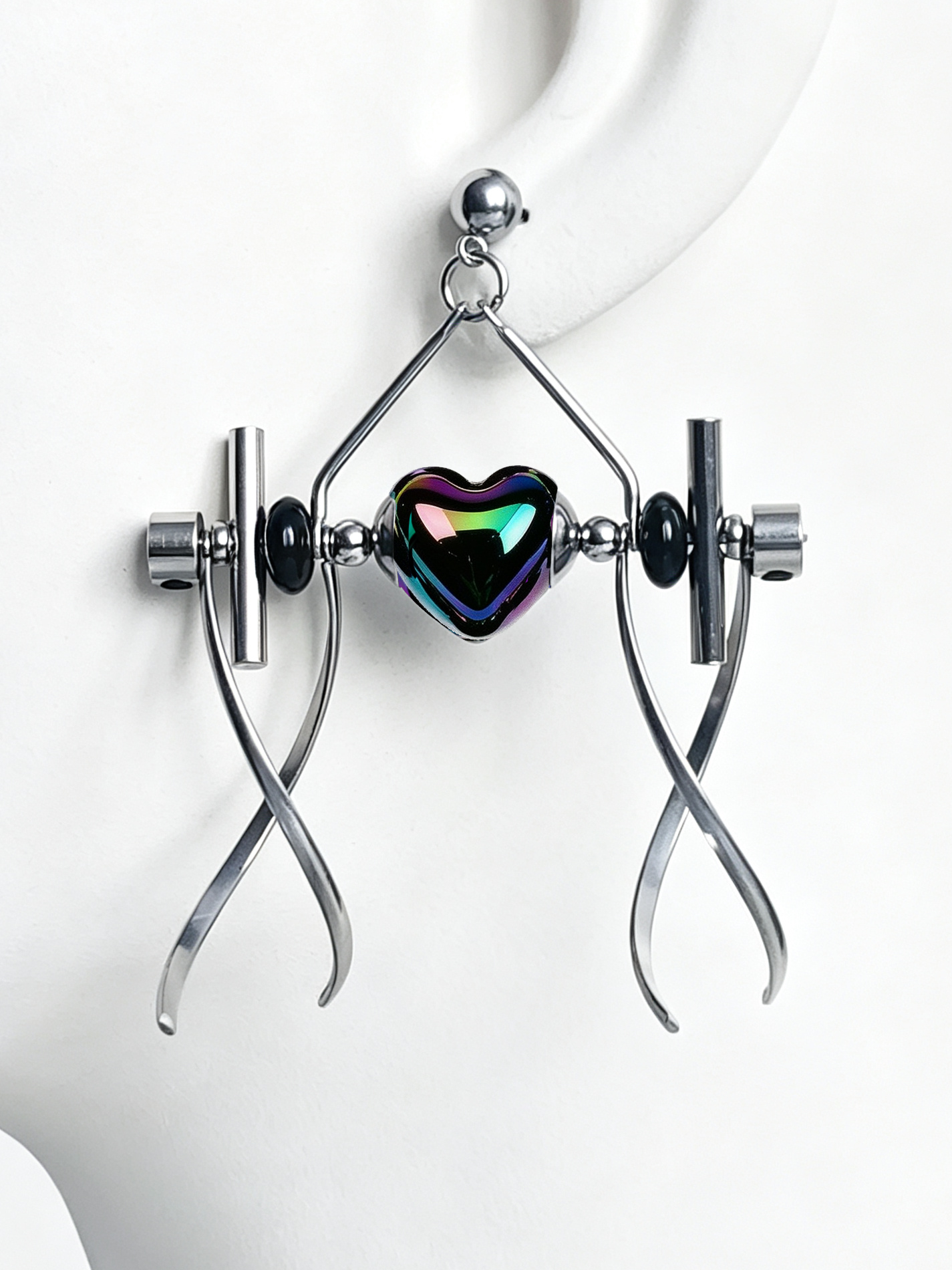 Punk Handmade Stainless Steel Earring, Holographic Rainbow Black Heart UV Bead Gothic Dangle Drop Earring Jewelry for man