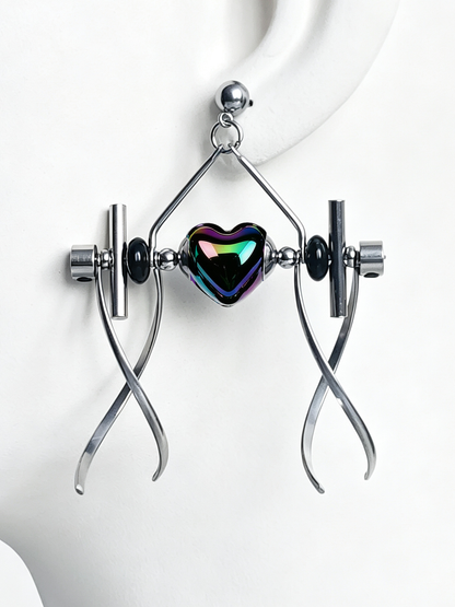 Punk Handmade Stainless Steel Earring, Holographic Rainbow Black Heart UV Bead Gothic Dangle Drop Earring Jewelry for man