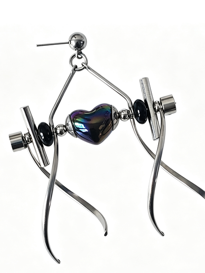 Punk Handmade Stainless Steel Earring, Holographic Rainbow Black Heart UV Bead Gothic Dangle Drop Earring Jewelry for man