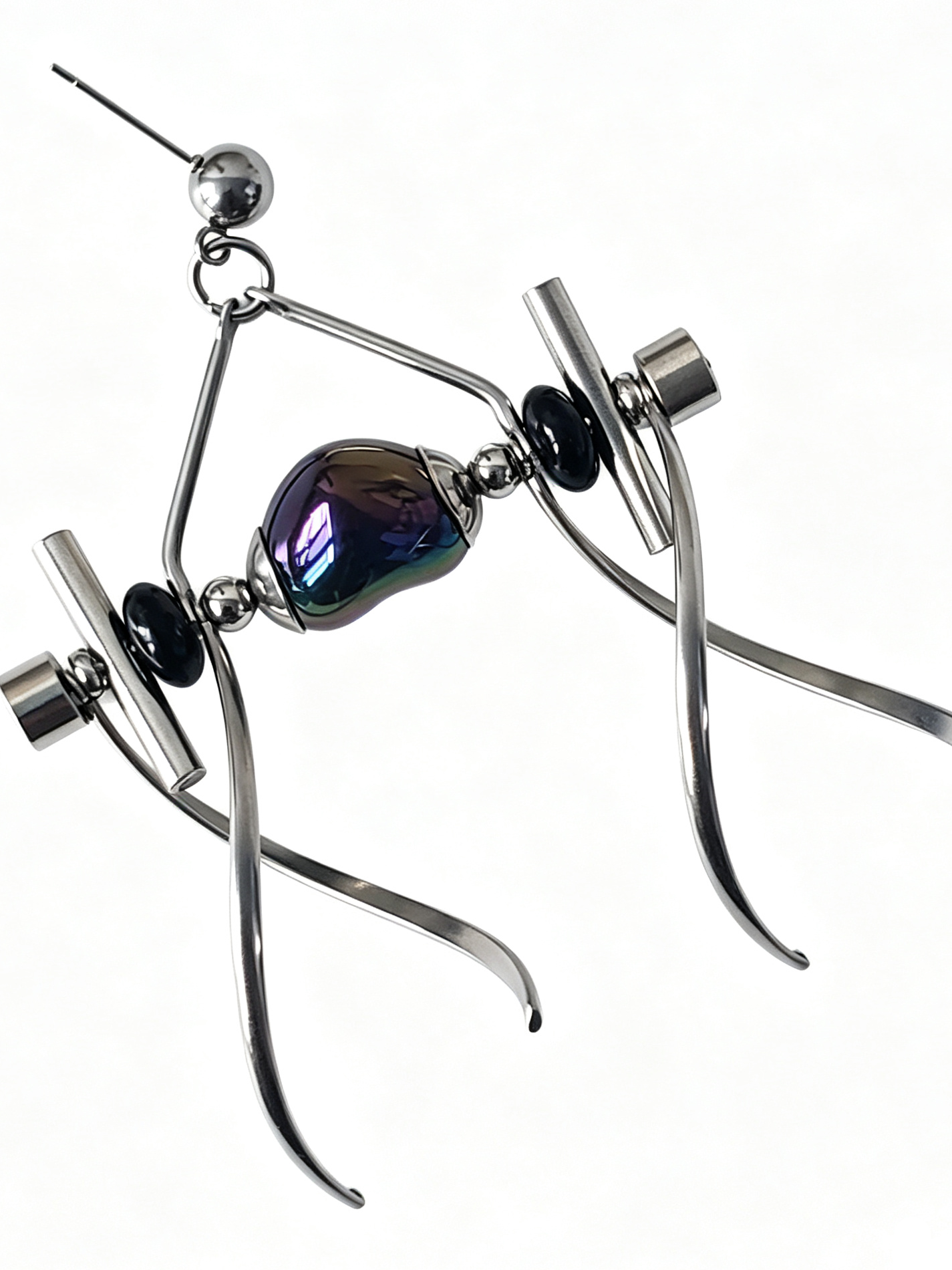 Punk Handmade Stainless Steel Earring, Holographic Rainbow Black Heart UV Bead Gothic Dangle Drop Earring Jewelry for man