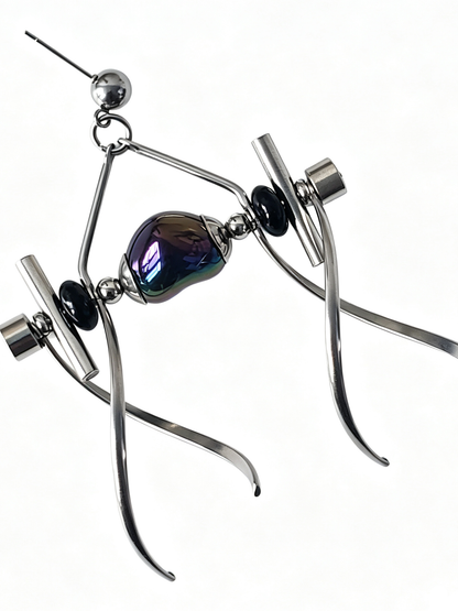Punk Handmade Stainless Steel Earring, Holographic Rainbow Black Heart UV Bead Gothic Dangle Drop Earring Jewelry for man