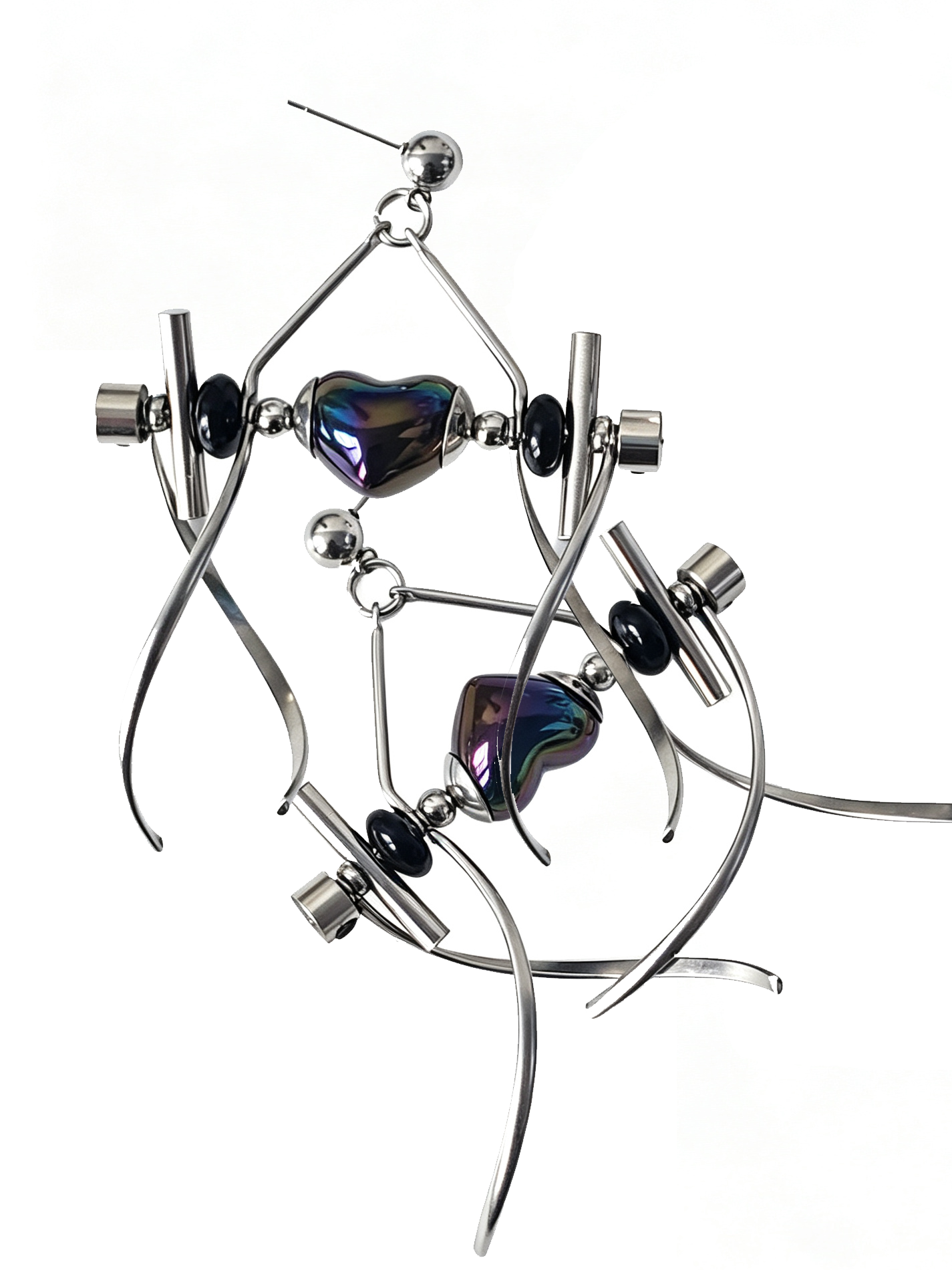 Punk Handmade Stainless Steel Earring, Holographic Rainbow Black Heart UV Bead Gothic Dangle Drop Earring Jewelry for man