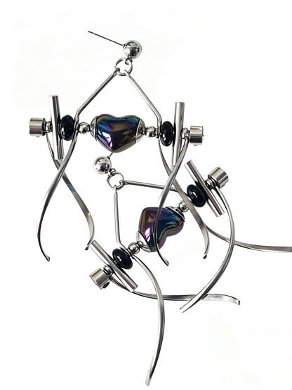 Punk Handmade Stainless Steel Earring, Holographic Rainbow Black Heart UV Bead Gothic Dangle Drop Earring Jewelry for man