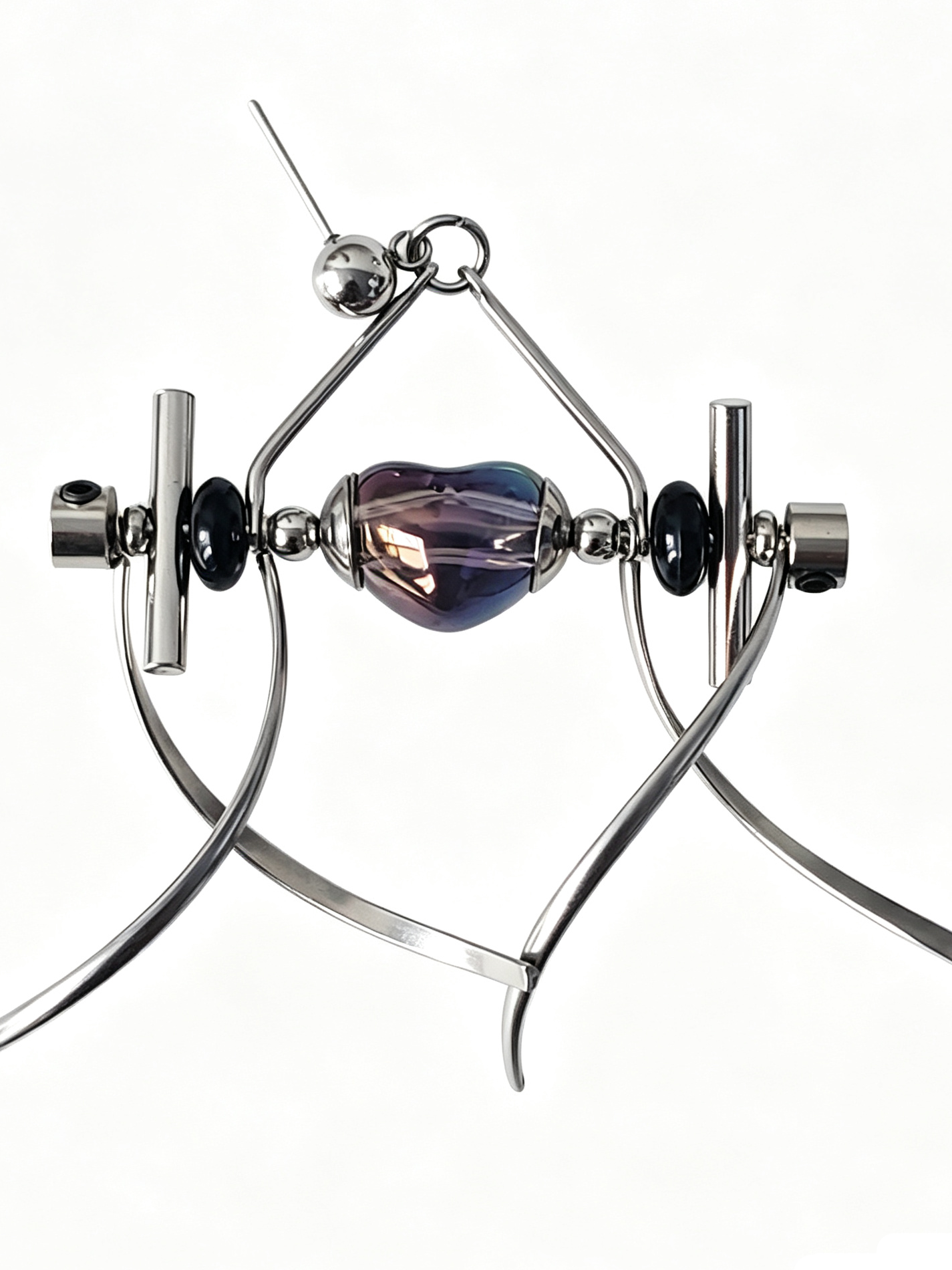 Punk Handmade Stainless Steel Earring, Holographic Transparent gray Heart UV Bead Gothic Dangle Drop Earring Jewelry for man
