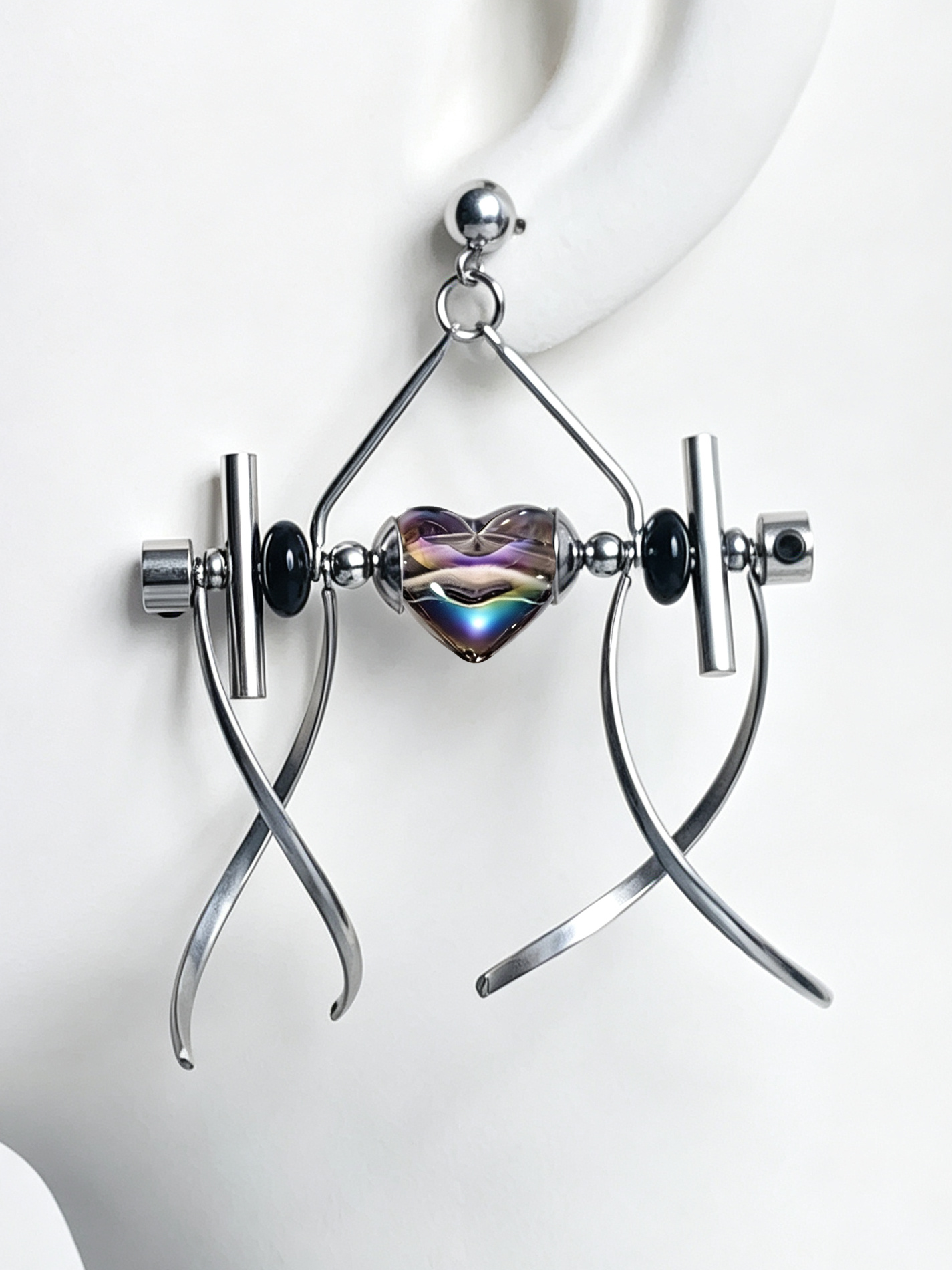 Punk Handmade Stainless Steel Earring, Holographic Transparent gray Heart UV Bead Gothic Dangle Drop Earring Jewelry for man