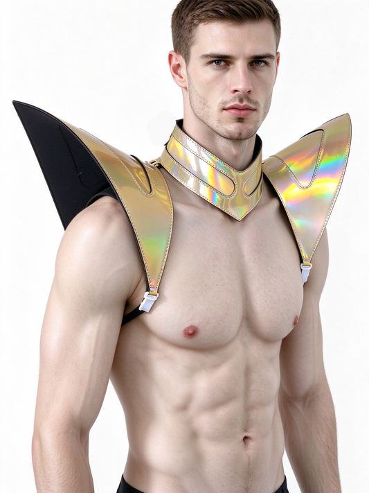 Burning Man Holographic Laser Gold Armure, Pièce d’épaule Rave, Cape Ras du Cou Festival, Épaulettes Costumes de Carnaval
