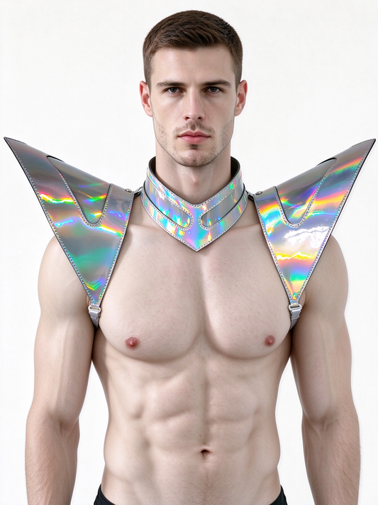 Burning Man holographique Laser argent armure, pièce d'épaule Rave, Cape ras du cou de Festival, épaulettes Costumes de carnaval