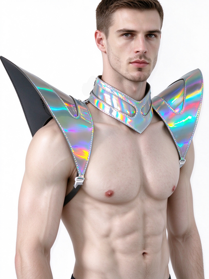 Burning Man holographique Laser argent armure, pièce d'épaule Rave, Cape ras du cou de Festival, épaulettes Costumes de carnaval