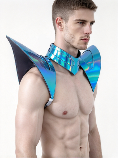 Armure bleue laser holographique Burning Man, pièce d'épaule Rave, Cape ras du cou du Festival, épaulettes Costumes de carnaval