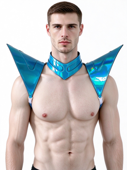 Armure bleue laser holographique Burning Man, pièce d'épaule Rave, Cape ras du cou du Festival, épaulettes Costumes de carnaval