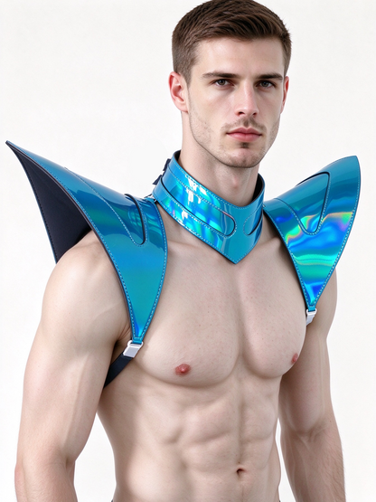 Armure bleue laser holographique Burning Man, pièce d'épaule Rave, Cape ras du cou du Festival, épaulettes Costumes de carnaval