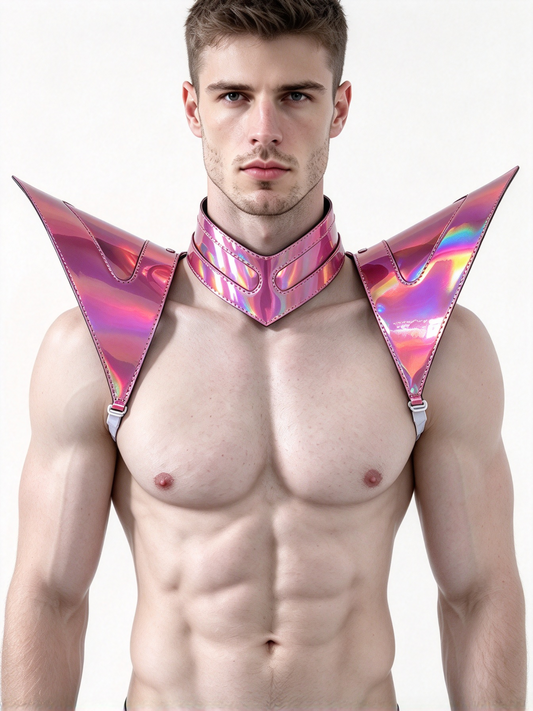Burning Man Holographique Laser Rose Armure, Pièce d’épaule Rave, Cape Ras du Cou Festival, Épaulettes Costumes de Carnaval
