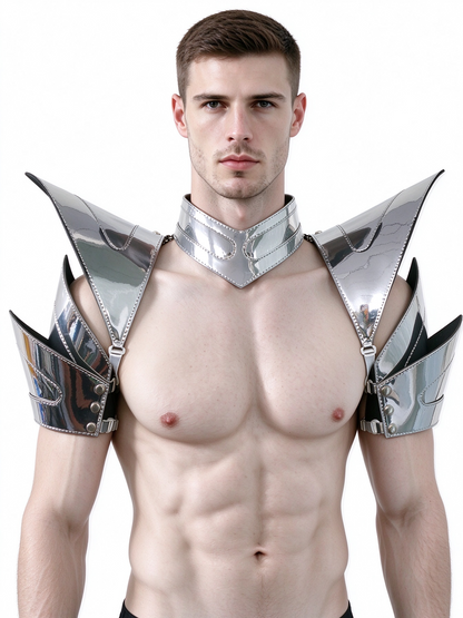 Burning Man Armure holographique argentée, pièce d’épaule rave, cape ras du cou du festival, épaulettes, tenues de vêtements du festival du carnaval