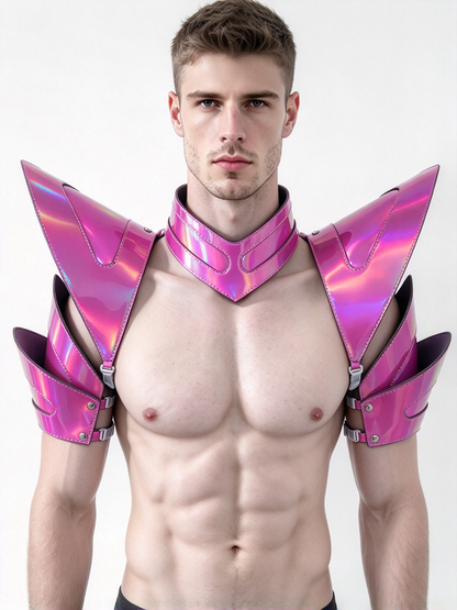 Burning Man Holographic Laser Rosered Armure, Pièce d’épaule rave, Cape ras du cou du festival, Épaulettes Carnival Festival Porter des tenues de vêtements