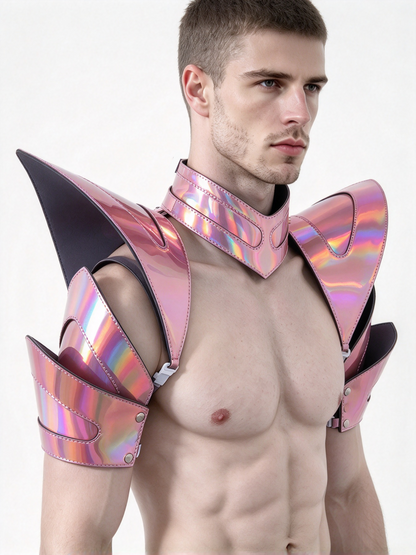 Burning Man Holographique Laser Rose Armure, Pièce d’épaule rave, Cape ras du cou du festival, Épaulettes Carnaval Festival Porter des tenues de vêtements