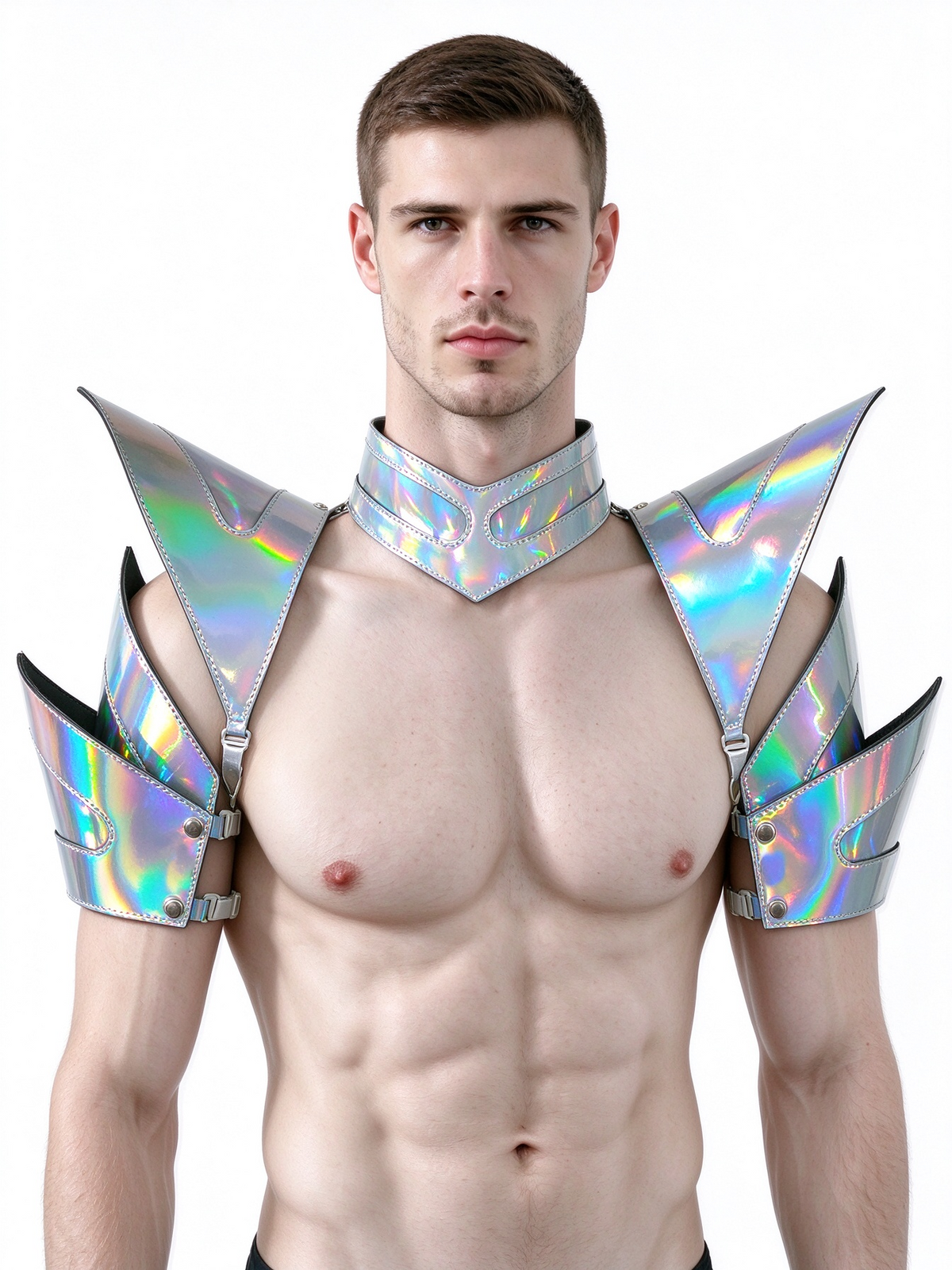 Burning Man Holographic Laser Silver Armure, Pièce d’épaule rave, Cape ras du cou du festival, Épaulettes Carnival Festival Wear Vêtements Tenues