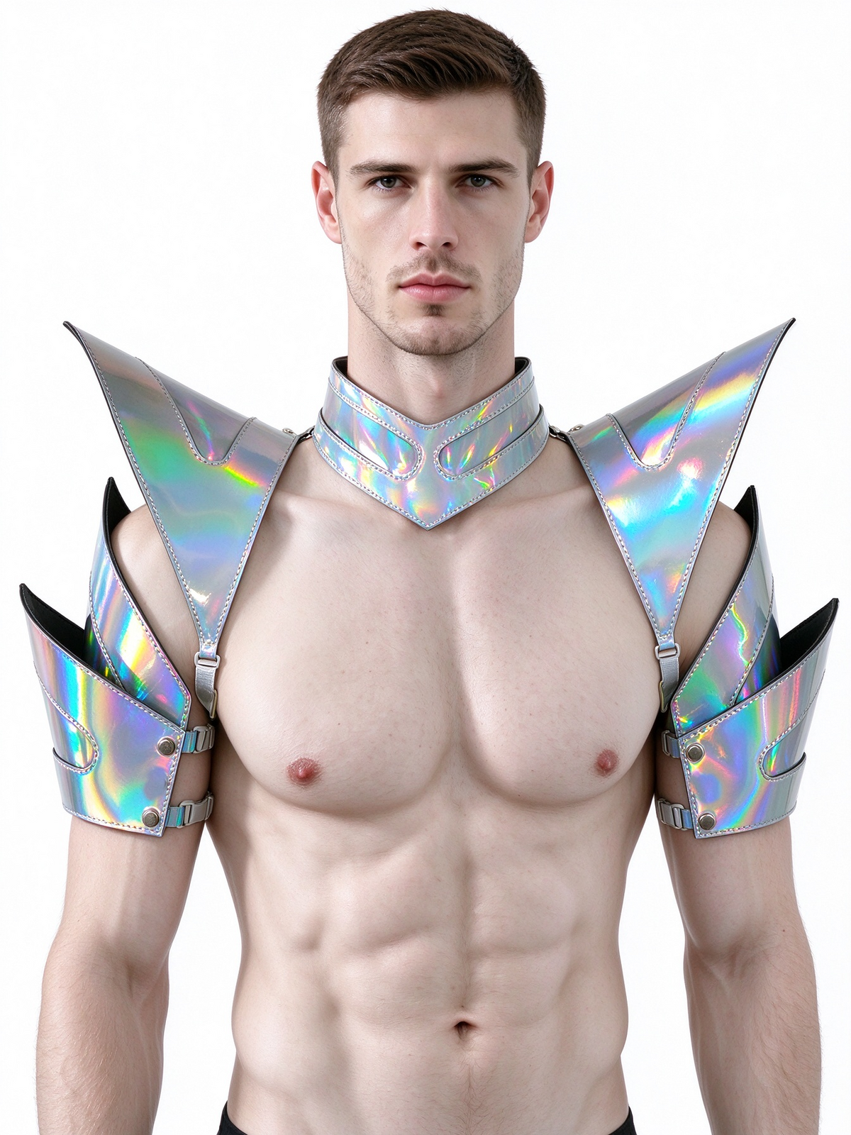 Burning Man Holographic Laser Silver Armure, Pièce d’épaule rave, Cape ras du cou du festival, Épaulettes Carnival Festival Wear Vêtements Tenues