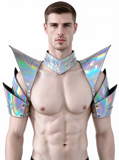 Burning Man Holographic Laser Silver Armure, Pièce d’épaule rave, Cape ras du cou du festival, Épaulettes Carnival Festival Wear Vêtements Tenues
