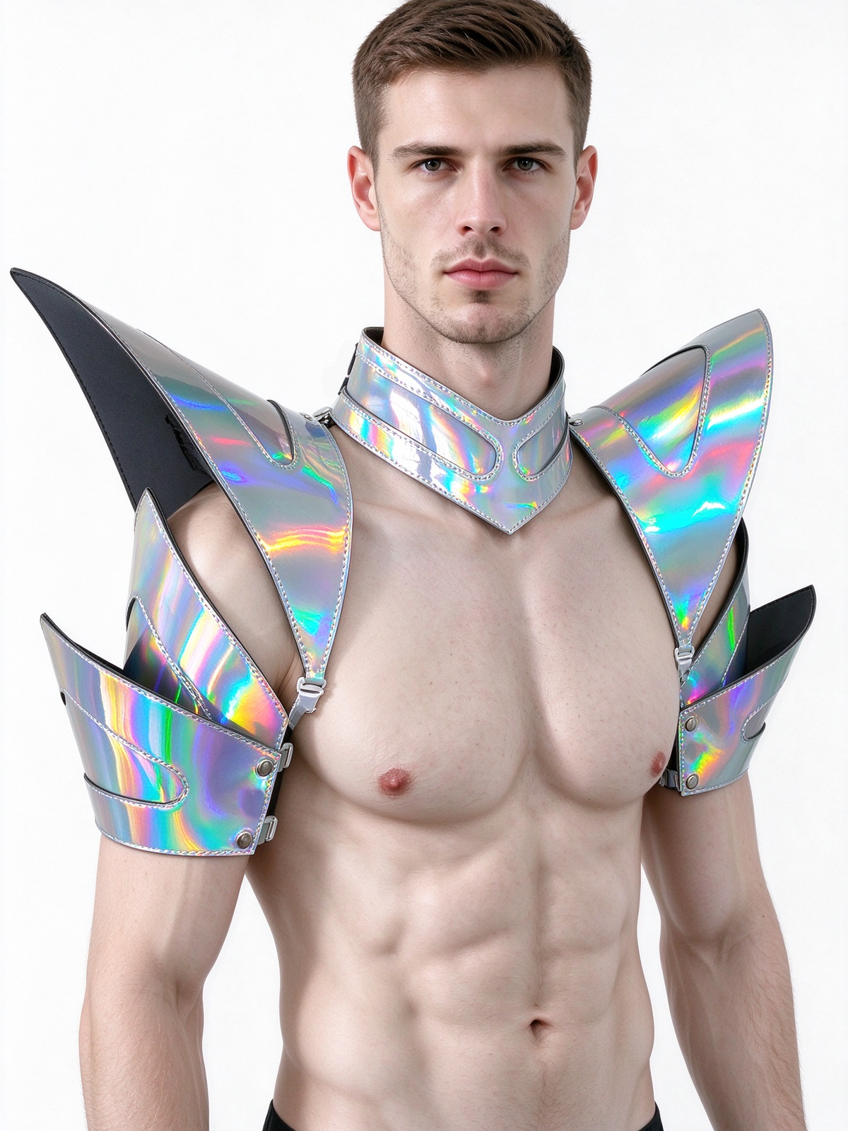 Burning Man Holographic Laser Silver Armure, Pièce d’épaule rave, Cape ras du cou du festival, Épaulettes Carnival Festival Wear Vêtements Tenues