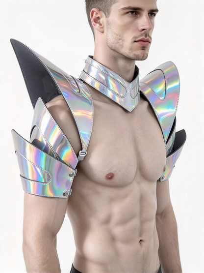 Burning Man Holographic Laser Silver Armure, Pièce d’épaule rave, Cape ras du cou du festival, Épaulettes Carnival Festival Wear Vêtements Tenues