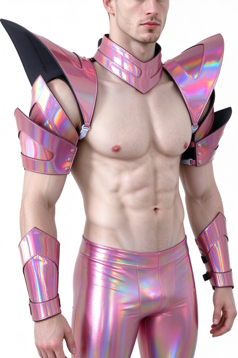 Burning Man Holographique Laser Rose Armure, Pièce d’épaule Rave, Cape ras du cou du Festival, Épaulettes Costumes du Festival de Carnaval Tenues de vêtements