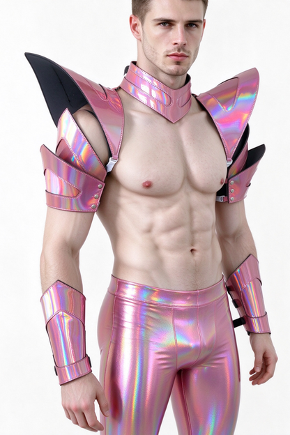Burning Man Holographique Laser Rose Armure, Pièce d’épaule Rave, Cape ras du cou du Festival, Épaulettes Costumes du Festival de Carnaval Tenues de vêtements