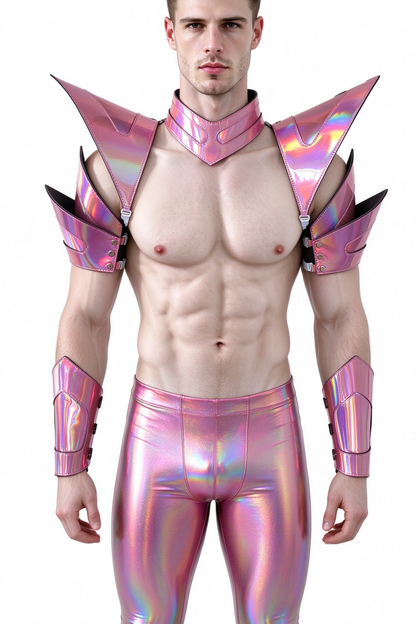 Burning Man Holographique Laser Rose Armure, Pièce d’épaule Rave, Cape ras du cou du Festival, Épaulettes Costumes du Festival de Carnaval Tenues de vêtements