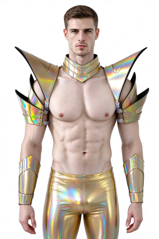 Burning Man Holographic Laser Gold Armure, Pièce d’épaule Rave, Cape ras du cou du Festival, Épaulettes Costumes du Festival de Carnaval Tenue de vêtements