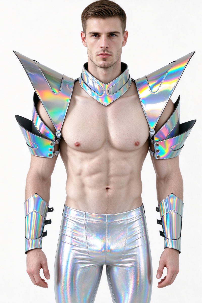 Burning Man Holographic Laser Silver Armure, Pièce d’épaule Rave, Cape ras du cou du Festival, Épaulettes Costumes du Festival de Carnaval Tenue de vêtements