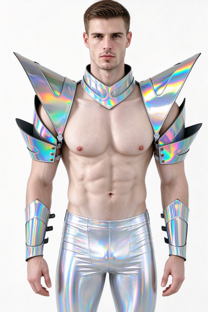 Burning Man Holographic Laser Silver Armure, Pièce d’épaule Rave, Cape ras du cou du Festival, Épaulettes Costumes du Festival de Carnaval Tenue de vêtements