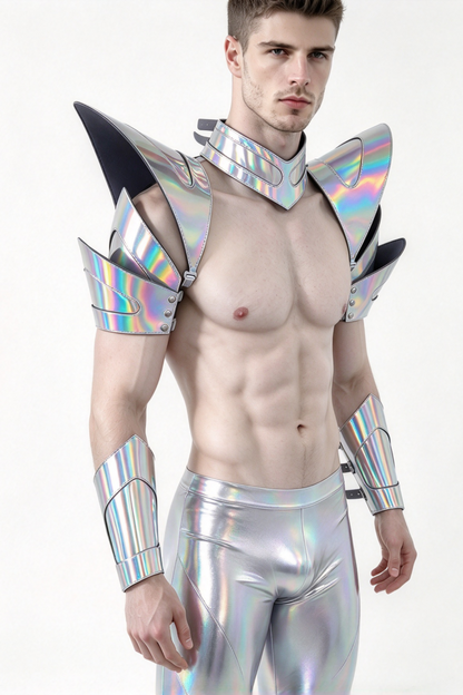 Burning Man Holographic Laser Silver Armure, Pièce d’épaule Rave, Cape ras du cou du Festival, Épaulettes Costumes du Festival de Carnaval Tenue de vêtements