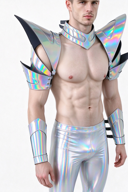 Burning Man Holographic Laser Silver Armure, Pièce d’épaule Rave, Cape ras du cou du Festival, Épaulettes Costumes du Festival de Carnaval Tenue de vêtements