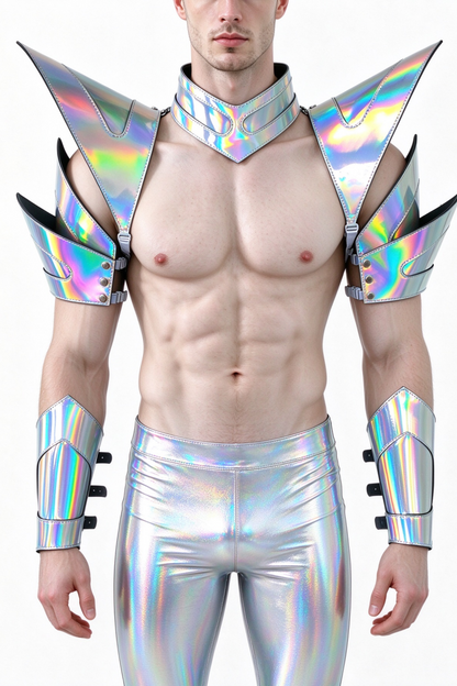 Burning Man Holographic Laser Silver Armure, Pièce d’épaule Rave, Cape ras du cou du Festival, Épaulettes Costumes du Festival de Carnaval Tenue de vêtements