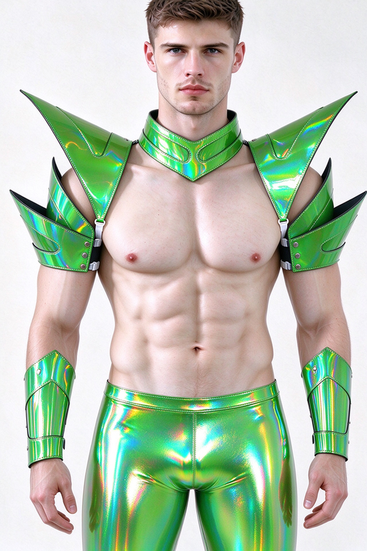 Armure verte holographique Burning Man, pièce d’épaule verte Rave, cape ras du cou vert festival, épaulettes vertes costumes de festival de carnaval