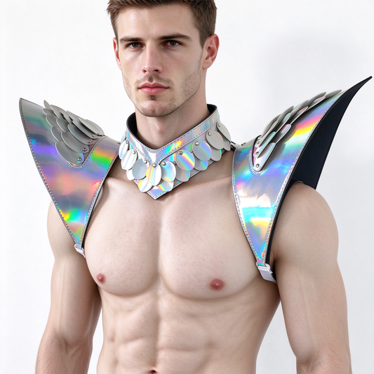Burning Man Holographic Laser Silver Dragon Scale Armure, Rave Épaule, Festival Choker Cape, Épaulettes Costumes de Carnaval