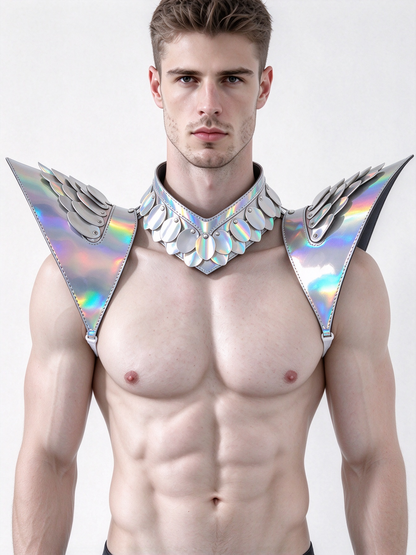 Burning Man Holographic Laser Silver Dragon Scale Armor, Rave Shoulder Piece Armor EDM Festival Outfit