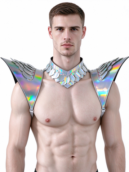 Burning Man Holographic Laser Silver Dragon Scale Armor, Rave Shoulder Piece Armor EDM Festival Outfit