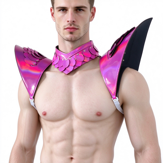 Burning Man Holographic Laser Rosered Dragon Scale Armure, Rave Épaule, Festival Choker Cape, Épaulettes Costumes de Carnaval