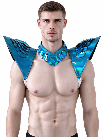 Burning Man Holographic Laser Blue Dragon Scale Armor, Rave Shoulder Piece Armor EDM Festival Outfits